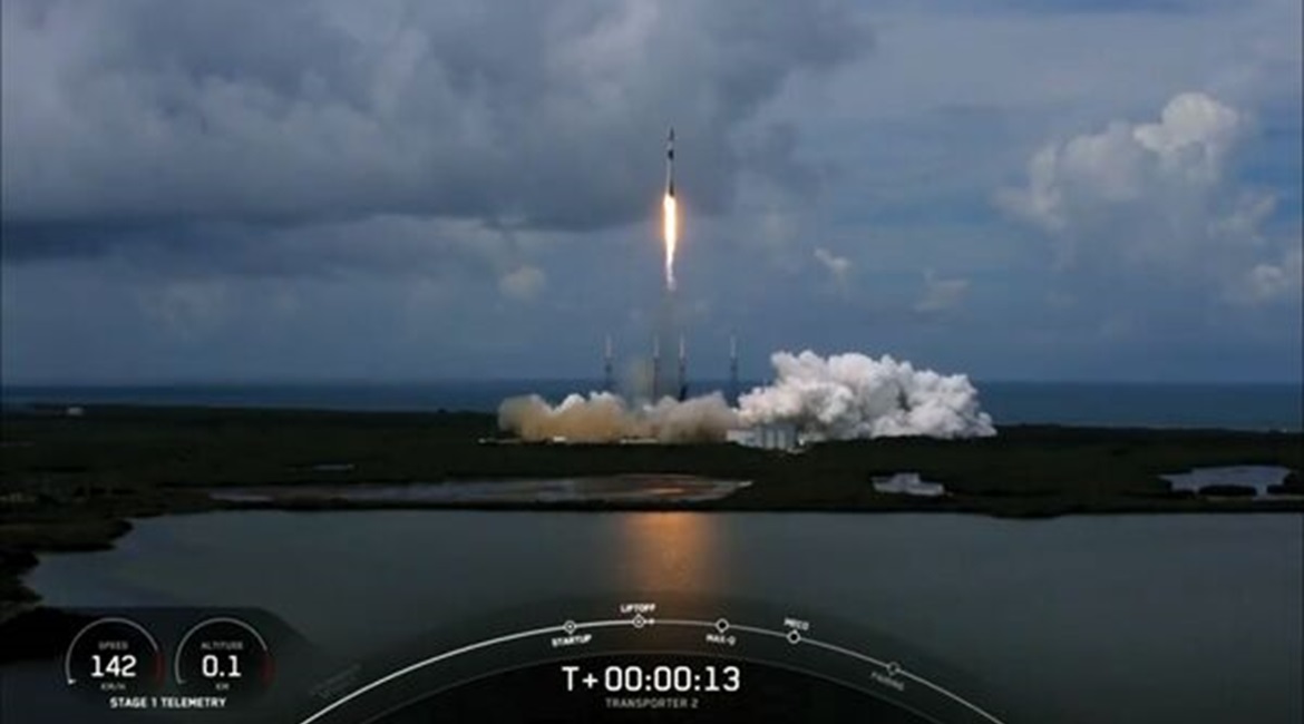 A screengrab from video footage released by SpaceX on 30 June showing the launch from Cape Canaveral of a Falcon 9 rocket carrying 88 satellites, including the RTAF's second Earth-observation satellite.