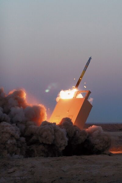 A GMLRS M31 round is fired from an M270A1 launcher operated by the US Army's 2nd Battalion, 4th Field Artillery Regiment.