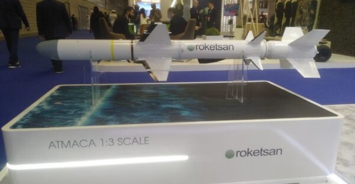 Atmaca anti-ship missile displayed at DIMDEX 2022, in Doha, Qatar.