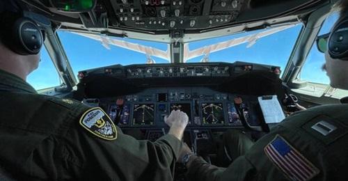 US Navy pilots Lieutenant Commander Mark Lascara and Lieutenant Thomas Coffin observe a Royal Australian Air Force KC-30A tanker air-refuelling their P-8A during an evolution for the Royal Australian Navy Fleet Certification Period in March 2022.