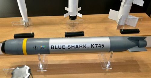 A mock-up of the Blue Shark torpedo. South Korea's LIG Nex1 is developing a next-generation variant of the weapon.
