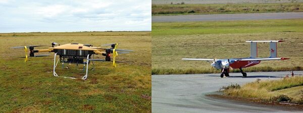 The T400 VTOL UAS (left) and Windracers ULTRA fixed-wing UAS were trialled at Predannack Airfield as part of the UK DE&S FCG Heavy Lift Challenge.
