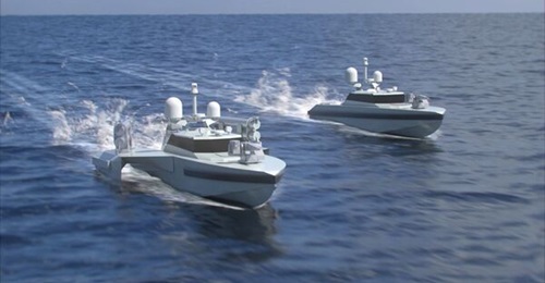 Concept art of the anti-surface and submarine warfare unmanned surface vehicles under development by the Sefine Shipyard and Aselsan joint venture.