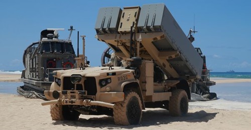A NMESIS launcher is deployed into position at the Pacific Missile Range Facility, Barking Sands, Hawaii, in August 2021.