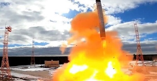 Russia conducted the first test of a super-heavy RS-28 Sarmat ICBM (pictured leaving a silo) at the Plesetsk Cosmodrome in Arkhangelsk Oblast on 20 April.