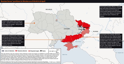 Russian forces' positions in Ukraine as of 0900 h on 20 April.