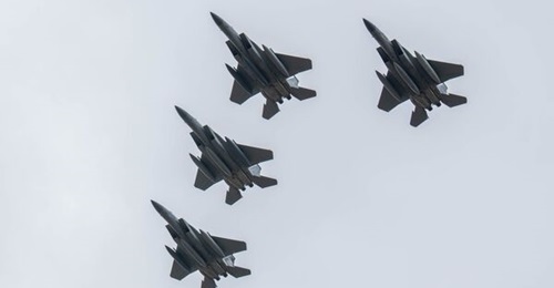 Four of the final F-15Cs in Europe perform a farewell flypast over RAF Lakenheath on their return to the US on 27 April.