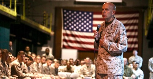 USMC Commandant General David Berger speaks to marines and sailors during a town hall event in Bahrain in December 2019. The service has released a revised Force Design 2030 plan, seeking to better communicate with a variety of stakeholders.