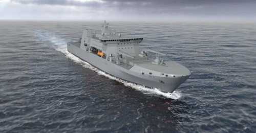 A computer-generated image of the ELLIDA multirole logistics ship concept.