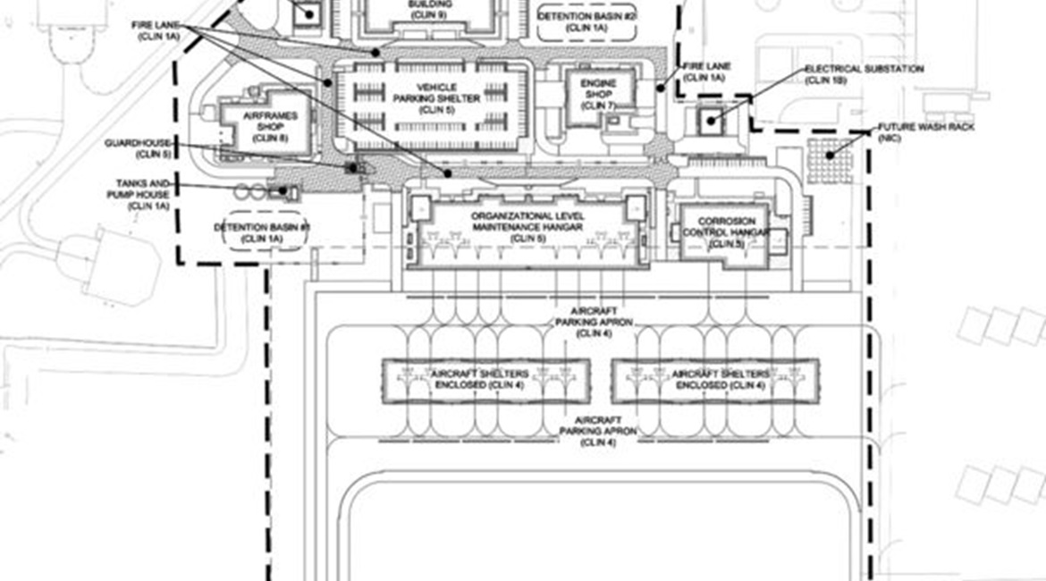 An architectural drawing released by the US Army Corps of Engineers shows the infrastructure that will be built next to the existing Hornet apron at Ahmed al-Jaber Air Base.