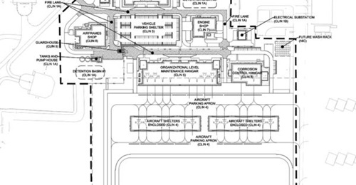 An architectural drawing released by the US Army Corps of Engineers shows the infrastructure that will be built next to the existing Hornet apron at Ahmed al-Jaber Air Base.