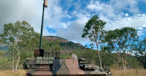 DroneShield's RfOne MKII RF direction-finding sensor seen mounted on an Australian Army ASLAV armoured fighting vehicle. The company has seen increasing interest from military forces in its C-UAS technologies.