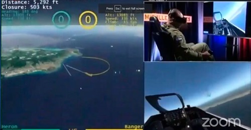 A screenshot of the DARPA AlphaDogfight Trial final round in August 2020 between a Heron Systems AI algorithm and a human pilot using an F-16 simulator.
