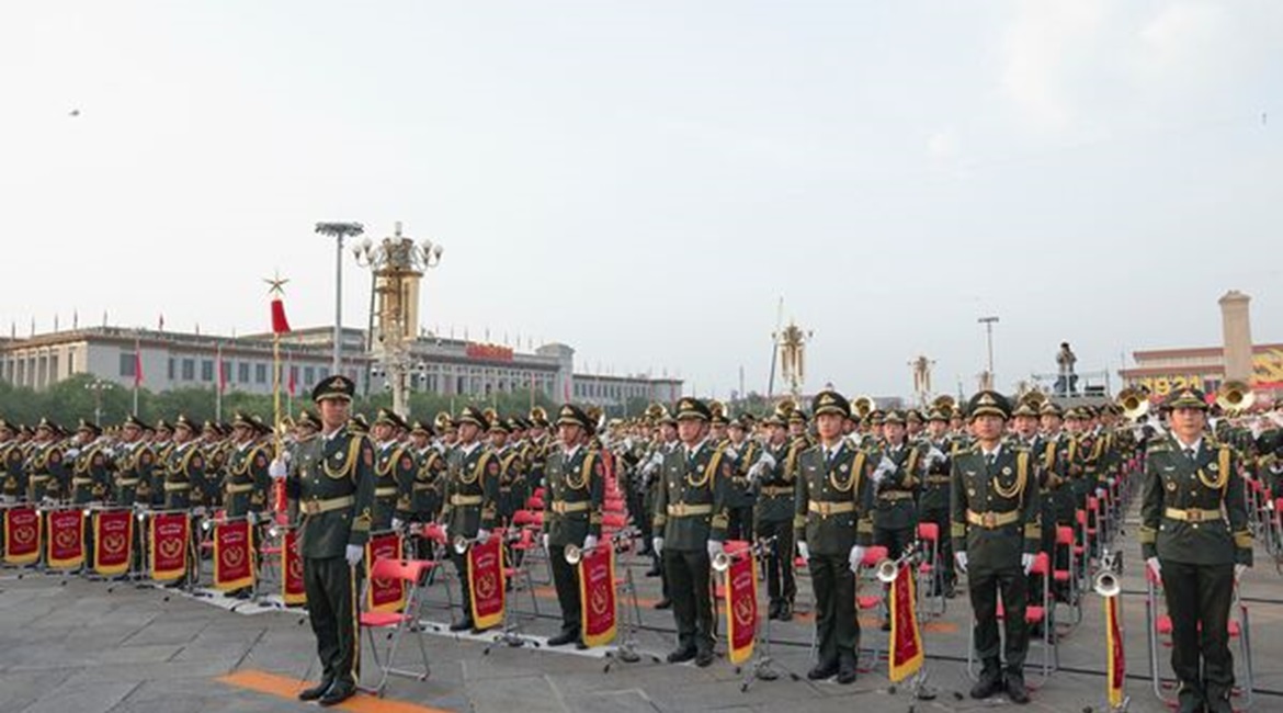 Members of a Chinese military orchestra parade on Tiananmen Square before a celebration marking the 100th founding anniversary of the Communist Party of China (CPC) on 1 July 2021 in Beijing, China. The CPC has encouraged the integration of wargaming w...