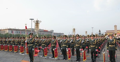 Members of a Chinese military orchestra parade on Tiananmen Square before a celebration marking the 100th founding anniversary of the Communist Party of China (CPC) on 1 July 2021 in Beijing, China. The CPC has encouraged the integration of wargaming w...