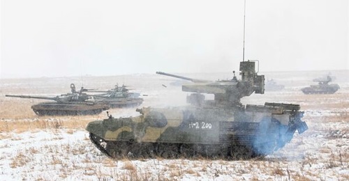 A 90th Guards Tank Division BMPT providing fire support to T-72 tanks during a March 2021 exercise in Russia's Central Military District.