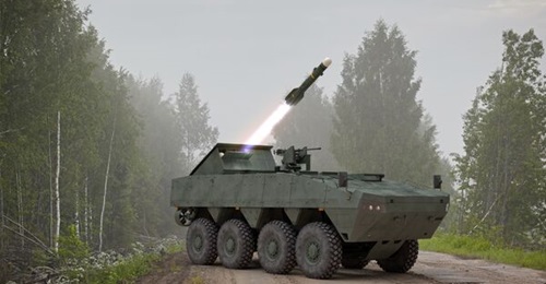 Artist's impression of the Rosomak 8×8 armoured vehicle fitted with a retractable Brimstone launcher presented by MBDA at MSPO 2020.