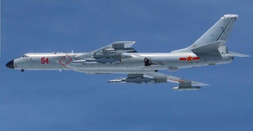 A Xian H-6J bomber of the People's Liberation Army (PLA) flies through the Miyako Strait on 18 May 2022.