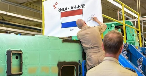 The first of 28 AH-64D Apache attack helicopters of the Royal Netherlands Air Force enters the Boeing remanufacturing line to be converted to the latest AH-64E standard.