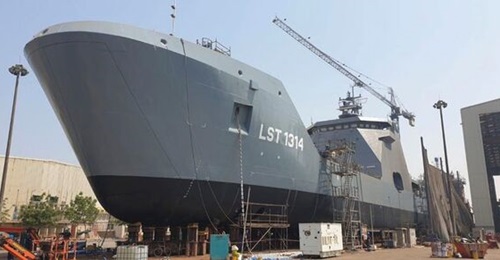 NNS 
        
         the Nigerian Navy's new landing ship, pictured before its launch on 7 June 2021 at the Albwardy Damen shipyard in Sharjah.