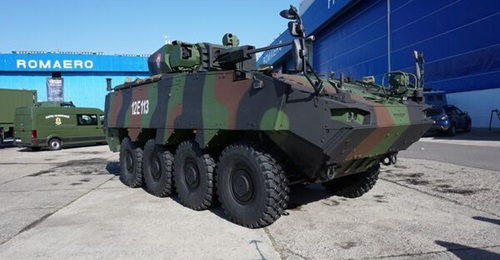 A Romanian Piranha V 8×8 in the so-called APC variant on display at BSDA 2022. The vehicle is referred to as an APC although its role is closer to that of an infantry fighting vehicle.