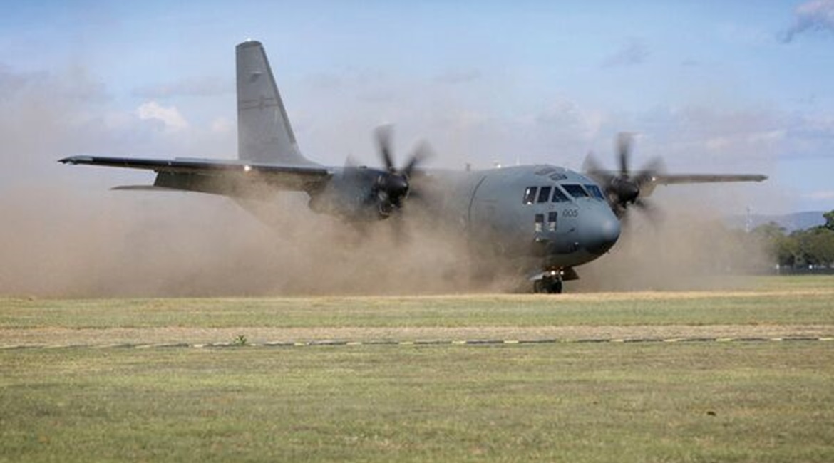 The RAAF's 10th and final C-27J Spartan aircraft landing on a grass airstrip at RAAF Base Richmond. The service has redefined the role of its 10 C-27Js, designating them as primarily meant for use in HADR operations.