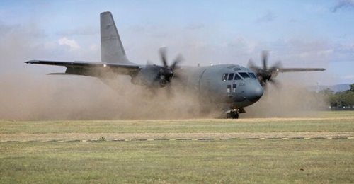 The RAAF's 10th and final C-27J Spartan aircraft landing on a grass airstrip at RAAF Base Richmond. The service has redefined the role of its 10 C-27Js, designating them as primarily meant for use in HADR operations.
