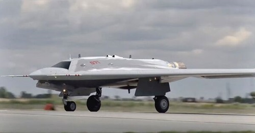 Seen during earlier trials, the Okhotnik recently conducted its first precision-guided missile launches during tests.
