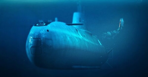 A computer-generated image depicting a Ninox 103 launch from a submarine.