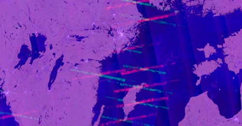 A 22 July 2021 screenshot shows Copernicus Sentinel Imagery manipulated using the Google Earth Engine script, 5 GHz Interference Locator (replaced by C-SAR), with the resulting image showing the Swedish Navy's LCR-2020 coastal surveillance radar sites....