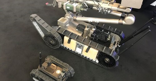 Teledyne's FirstLook (front) and PackBot 525 (rear) UGVs displayed at Eurosatory 2022