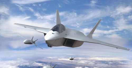 An artist's rendering of the New Generation Fighter and Remote Carrier elements of the Future Combat Air System.
