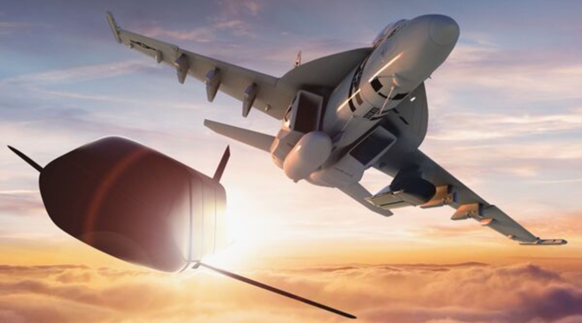 Computer-generated image of an AGM-158C LRASM launch from an F/A-18 Super Hornet multirole combat aircraft.