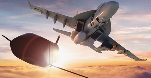 Computer-generated image of an AGM-158C LRASM launch from an F/A-18 Super Hornet multirole combat aircraft.