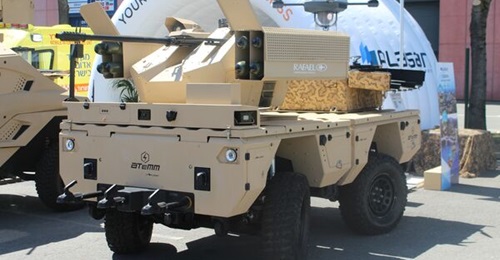 Plasan ATeMM equipped with Rafael SAMSON weapon station and UAV launcher at Eurosatory 2022.