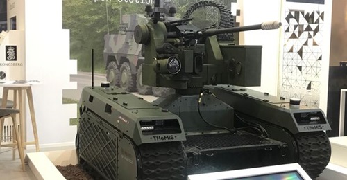 The THeMIS UGV equipped with the Kongsberg RS6 PROTECTOR remote weapon station at Eurosatory 2022.
