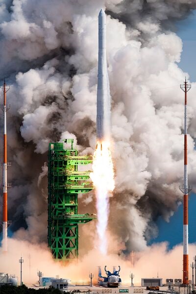 South Korean rocket KSLV-?, also known as Nuri, taking off from its launch pad at the Naro Space Center on 21 June. Nuri is the first domestically developed and launched rocket that has been able to place satellites in orbit.
