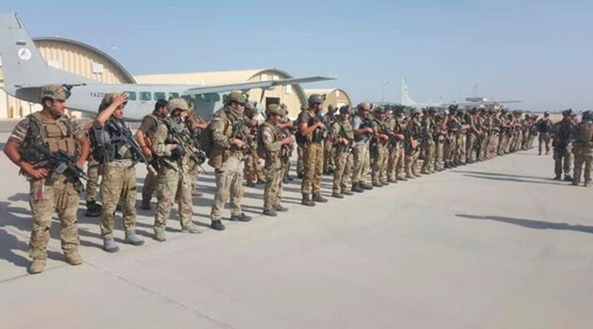 Afghan special forces after arriving in Herat on 1 August to help defend the western Afghan city from Taliban attacks.