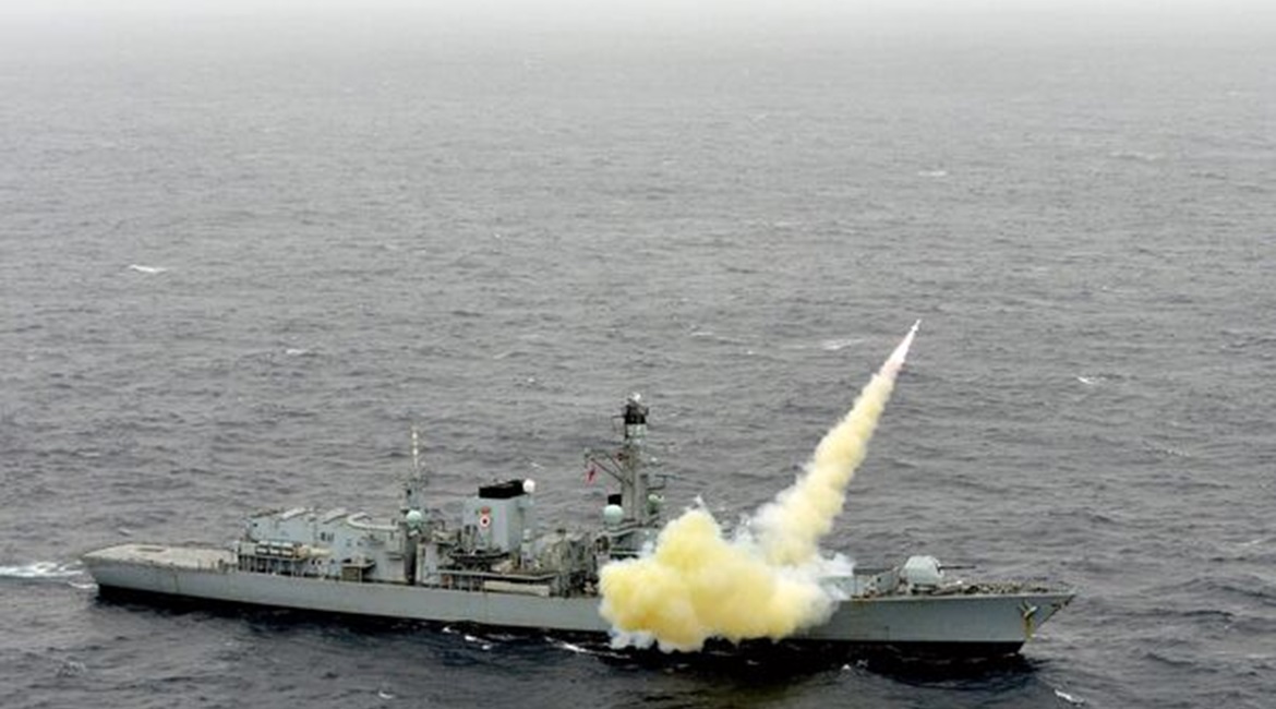 HMS 
        
         fires a Harpoon Block1C anti-ship missile. The MoD has still yet to start the competition for an Interim Surface-to-Surface Weapon to succeed Harpoon.