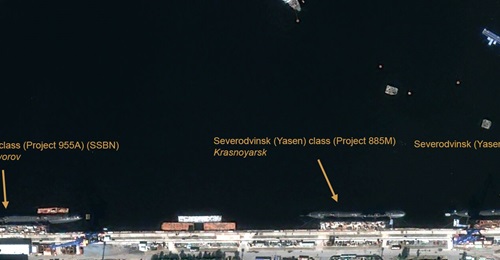 Imagery of Severodvinsk harbour in the Arkhangelsk Oblast, Russia, dated 24 June, shows the Project 885M Severodvinsk (Yasen)-class SSGN 
        
         (centre) being prepared to commence sea trials on 26 June. 
        
         is flanke...