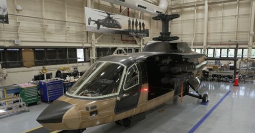 The Sikorsky Raider X was 90% complete in June 2022 at the company's West Palm Beach facility. The aircraft is shown here with the turreted cannon under the nose and with the weapons bay door open, with the modular effects launcher attached.