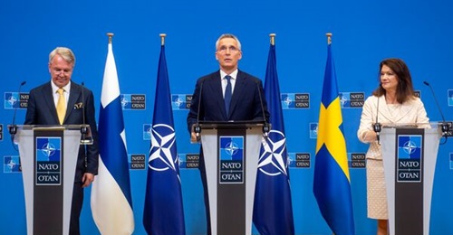 Press conference by NATO Secretary-General Jens Stoltenberg, Finnish Foreign Minister Pekka Haavisto, and Swedish Foreign Minister Ann Linde following the signature of the NATO accession protocols for the two Nordic countries on 5 July.