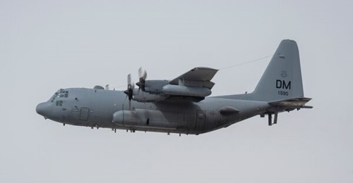 EC-130H Compass Call aircraft serial number 73-1590, assigned to the 41st Expeditionary Electronic Combat Squadron, takes off in support of a large force employment exercise at Al Dhafra Air Base, United Arab Emirates, on 13 July 2021.