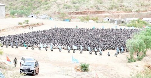 Soldiers at the training camp south of Asmara that Somalia's President Hassan Sheikh Mohamud visited on 10 July.