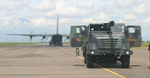 An Indonesian CAESAR 155 mm being prepared for loading on a C-130 transport aircraft.