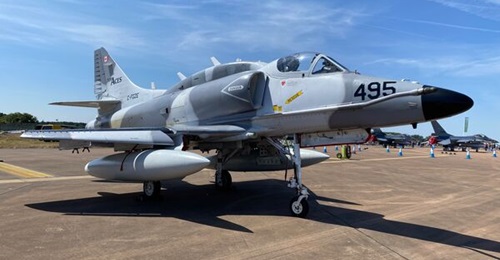 Top Aces A-4N Skyhawk at Royal International Air Tattoo 2022. The aircraft is used in a variety of roles, including to replicate fifth-generation aircraft when fitted with the company's Advanced Aggressor Mission System (AAMS) and an active electronica...