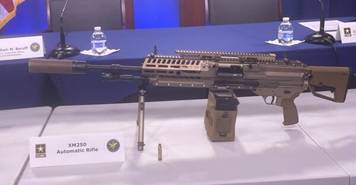 A US Army's new NGSW-AR in display. The service initially planned to begin fielding the weapon in late 2023. It is now reassessing its schedule following a competition protest that prompted a delay.