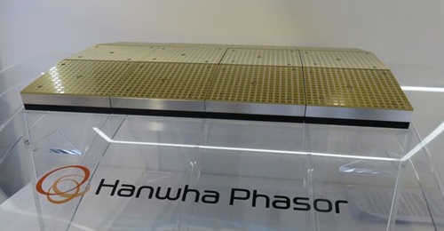 The Hanwha Phasor 16-tile conformal airborne AESA satcom antenna displayed at FIA 2022.
