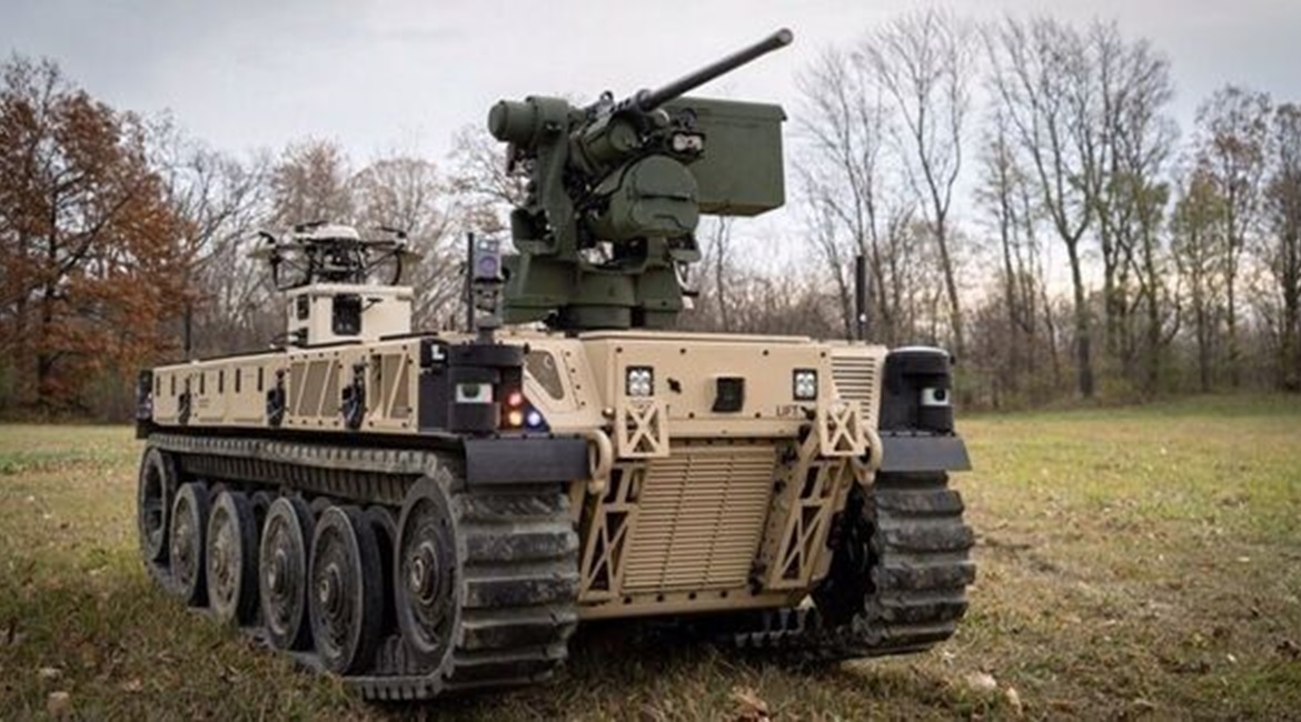 A US Army Remote Combat Vehicle - Light (RCV-L) equipped with a Tethered Unmanned Aerial System.