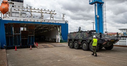 The Dutch MoD's newly leased RoRo ship, 
        
        , is readied for its first deployment to Lithuania on 25 July.